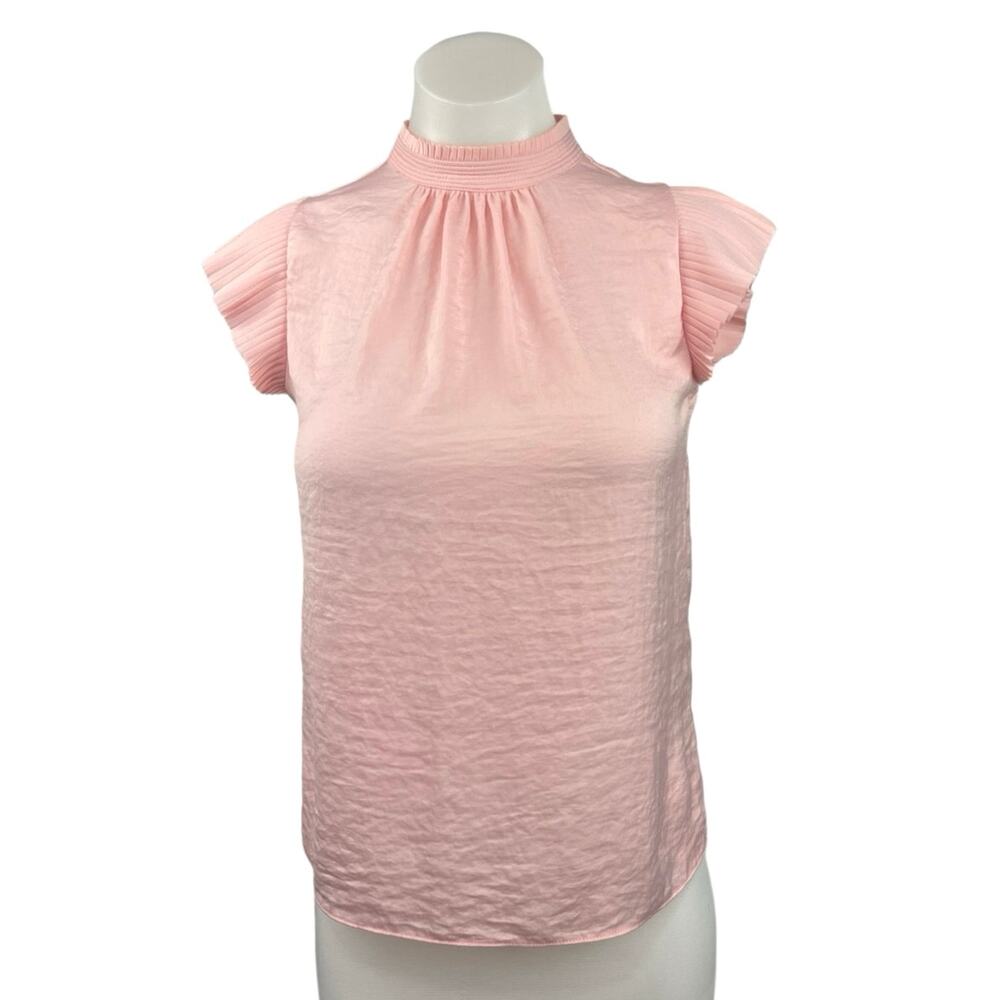 1.State Women's Pink Short Flutter Sleeve Ruffle Mock Neck Blouse Top Size XXS